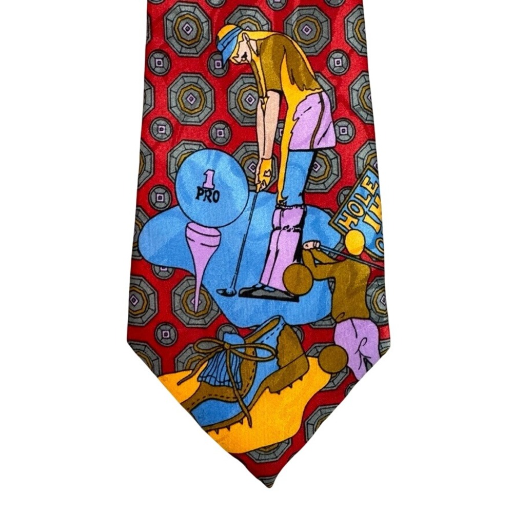 Duomo Milano Mens Silk Tie Red Geometric Novelty Golf Graphic Hand Made Italy